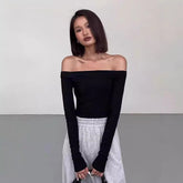 leapord halloween outfit off-Shoulder Cropped Top Women's Long Sleeve Sexy High Waist Ultra Short Korean Style Autumn and Winter Tight Bottoming Shirt T-shirt