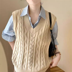outfit inspo fall V-neck Twist Knitted Vest Overwear Outer Sweater Vest Sleeveless Women's Autumn and Winter High-Grade Temperament Top