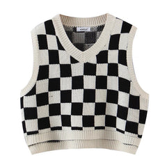 dti outfits Spring New Blogger Casual Pullover Knitted Chessboard Plaid Vest Top