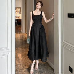 supernatural dress to impress Hepburn Style Black Dress Summer New Women's French Square Collar Tight Waist Pleated Dress