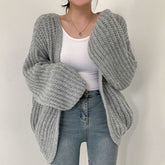 fall fashion Jo Korean Autumn Lazy Style V-neck Versatile Loose Casual Solid Color Lantern Sleeve Knitted Cardigan Sweater outside