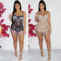 alien invasion dress to impress Summer New Women's Sexy Mesh Rhinestone Strap Tassel Dress Women