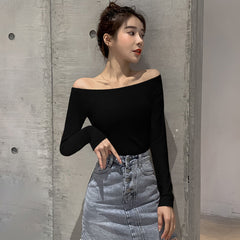 outfit inspo fall 2024 Spring and Autumn off-Shoulder Top Women's Long-Sleeved Undershirt Sexy Backless Large Neckline Leaky Collarbone T-shirt