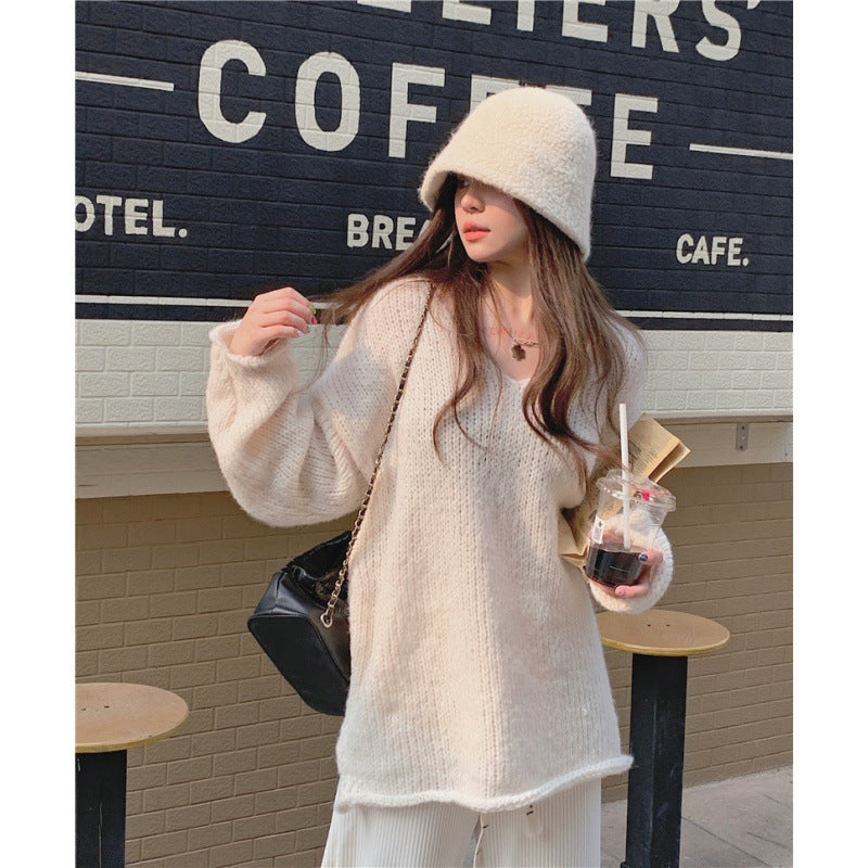 2000s fashion Korean Style Lazy V-neck Pullover Split on Both Sides Slimming Long Sleeve Sweater