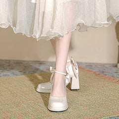 shoes Chunky Heel High Heels Spring Platform Bow Cute Temperament Princess Women's Shoes round Toe Buckle Low-Cut Shoes