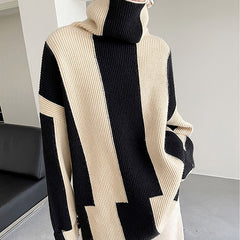 2000s fashion Women's Turtleneck Sweater Spring and Autumn 2024 New Lazy Style Loose Color Matching Striped Mid-Length Warm Knitted Top