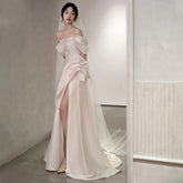 off shoulder Light Wedding Dress Summer New Bridal Satin French Simple Elegant Travel Tail Dress