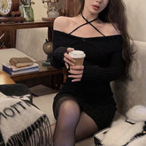 outfit inspo Autumn and Winter New Pure Desire Style Sexy off-Shoulder Halter off-the-Collarbone Slim Knit Long Sleeve Dress