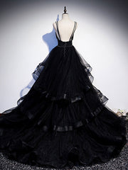 BXOXO Black V Neck Tulle Long Prom Dress, Black Formal Graduation Dress with Beading