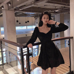 new year outfit French Style Dress New Year Clothes Women's Battle Dress Hepburn Style Velvet Dress Red Retro Square Collar Bottoming Dress