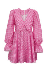 BXOXO - Pink Plaid Lapel A-Line Babydoll Dress