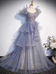 BXOXO A-Line Sweetheart Neck Tulle Sequin Gray Blue Long Prom Dress, Gray Blue Long Formal Dress