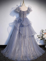 BXOXO A-Line Sweetheart Neck Tulle Sequin Gray Blue Long Prom Dress, Gray Blue Long Formal Dress