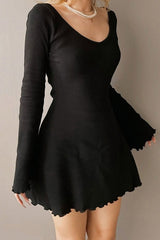 BXOXO - Round Neck Long Sleeve Lacework Hem Dress