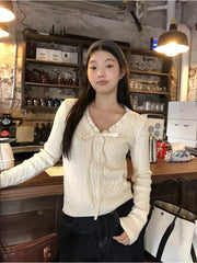 Bxoxo Sweet Bow Knit Sweater for Women Korean Chic Lace Up Long Sleeve Patchwork Slim Pullovers Autumn Winter All Match Jumper Mujer