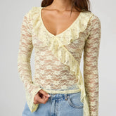 BXOXO Women Long Sleeve T-Shirts Lace Ruffles V-Neck Shirts Spring Summer Slim Fit Casual Tops Y2K Fashion Streetwear