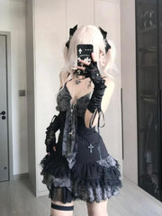 BXOXO 2025 Summer Fashion V-neck Camisole Dresses Sexy Lace Patchwork Dress for Women Y2k Grunge Slim Waist Ruched Vestidos Mujer