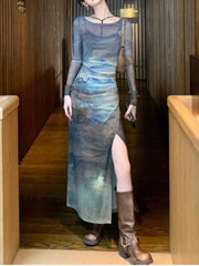 BXOXO American Vintage Tie Dye Mesh Dress for Women Autumn Slim Waist Long Sleeve Vestidos+ Bottoming Strap Two Piece Sets