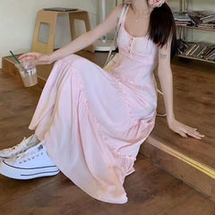 Bxoxo Pink Cute Midi Dresse Sweet Ruffle Casual Elegant Chic Beach Long Spaghetti Strap Button Holiday Gentle Dress Fairycore