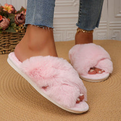 BXOXO Faux Fur Corss Band Fuzzy Slippers Women Winter Warm Plush Indoor Fluffy Shoes Woman Soft Sole Open Toe Home Cotton Slippers