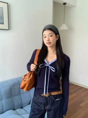 Bxoxo Sweet Bow Knit Sweater for Women Korean Chic Lace Up Long Sleeve Patchwork Slim Pullovers Autumn Winter All Match Jumper Mujer