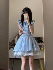 BXOXO Cute Sweet Blue Plaid Dress Women Elegant 3D Floral Flying Sleeve Mini Dress Japan Vintage Slim Kawaii Lace Patchwork Dress