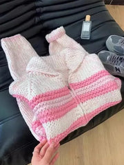 Bxoxo Lazy Wind Women Sweet Cute Cardigan Sweaters Vintage Striped Long Sleeve Loose Knitted Jacket Fall Winter Soft Warm Female Tops