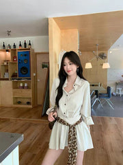 Bxoxo Autumn Lapel Shirt Mini Dress Women Fashion Streetwear Leopard Print Lace Up Dress Y2K Korean Elegant Long Sleeve Vestidos New