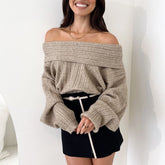 BXOXO Elegant Womens Off Shoulder Sweaters Casual Oversized Batwing Sleeve Sweatshirt Fall Pullover Knit Tops Blouse Outwear
