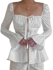 BXOXO Women's summer Elegant Pleated Tops, Long Sleeves Square Neck casual Bandage Solid Color long sleeve blouse Party Street Shirt