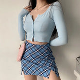American Knitted Cardigan Summer Macaron O Neck Solid Thin Long Sleeve T-shirt Crop Open Umbilical Slim Fit High Elastic T-shirt