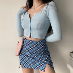 American Knitted Cardigan Summer Macaron O Neck Solid Thin Long Sleeve T-shirt Crop Open Umbilical Slim Fit High Elastic T-shirt