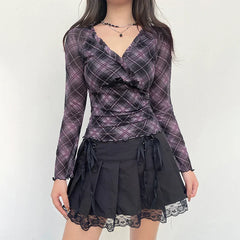 BXOXO Y2K Aesthetic Frill Plaid Tshirt Mesh Top V Neck Chic Bow Ruffles Autumn Tee Shirts Female Clothing Vintage Fashion