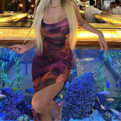 BXOXO Women's Printed Spaghetti Maxi Dress Sexy Backless Strap Cleavage Body-shaping Dresses Lace-up Robe Hipster Streetwear