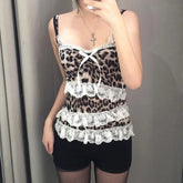 BXOXO Vintage Leopard Print Crop Top Lace Ruched Patchwork Bow Camis Summer Casual Sleeveless Tees y2k Aesthetic Women Clothing
