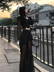 BXOXO Korean Simple High Waist Hollow Out Black Pants+ Y2k E-Girl Slim Fit Mesh Long Sleeve Tops Women Grunge Two Piece Sets