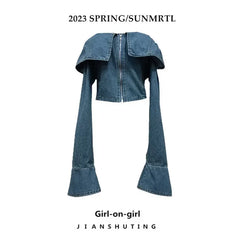 BXOXO Vintage One Line Neck Denim Shirt Women Hong Kong Style Off Shoulder Long Sleeve Blouse Sweet Spicy Slim Crop Top Women Clothing