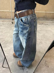 Bxoxo Vintage Rivet Women Jeans Y2k Harajuku Washed Wide Leg High Waist American Style Denim Pants Baggy Streetwear Trousers
