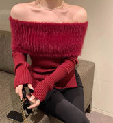 Bxoxo Off-shoulder Tops Cherry Red Fuzzy Knit Side Slits Long Sleeve Off The Shoulder Sweater Autumn Winter Christmas Festival Outfit