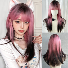 BXOXO Pink Wig 20 Inch Straight Bangs Wig Fiber Synthetic Wig Heat-resistant Non-Glare Natural Soft Cosplay Hairpiece For Women