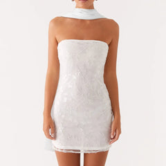 BXOXO Fashion Women Summer Sequin Mini Bandeau Dress Sleeveless Off Shoulder Flower Embroidery Tube Top Dress with Scarf