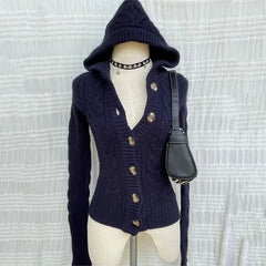 Bxoxo American Navy Blue Knitted Hooded Cardigan Y2K Fashion Slim Casual Buttons Sweater Jacket Female Long Sleeve All-Match Sweaters