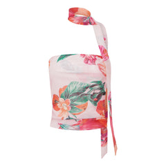 BXOXO Women Y2K Tube Top Mesh Ruched Strapless Crop Top Sexy Floral Print Backless Bandeau Tank Top with Scarf Summer Street