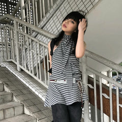 BXOXO Japanese Y2k Tank Tops Women Striped Backless T-shirts Sleeveless Streetwear American Retro Camis Aesththic 2000s Tops