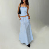 BXOXO Y2k Women's 2 Piece Outfits Summer Plaid Maxi Skirt Set Crop Tube Crop Tops and Flowy Hem Long Skirt Sets Aesthetic