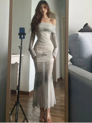 Bxoxo New Chinese Style Inkwash Painting Dresse Y2k E-Girl Slash Neck Long Sleeve Vestidos Summer Slim Waist Mesh Dress for Women