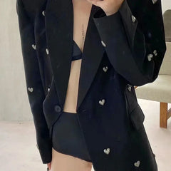 Bxoxo Spring Autumn Blazer Women Fashion Loose Single Button Love Decoration Black Coat Female Harajuku Long Sleeve Lapel Suit Jacket