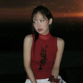 BXOXO Vintage Print Tops Women Sleeveless Slim American Retro Crop Tops Grunge Y2k Tank Tops Turtleneck Streetwear Tee Tops