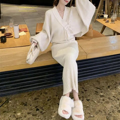 Bxoxo Winter Elegant 2 Piece Sweater Dresses Set Women Loose Warm Knitted Bodycon Suit Female Casual Korean Fashion Chic Streetwear