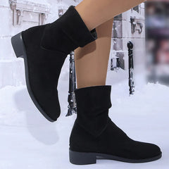 BXOXO Autumn Womens Solid Pleated Ankle Boots Fashion Faux Suede Square Heel Boots Ladies Round Toe Back Zipper Office Shoes Boats